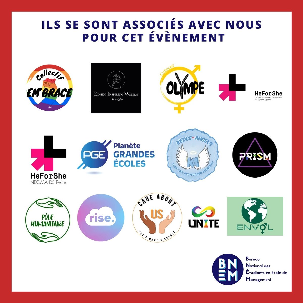 Le_BNEM's tweet photo. 🤝 L’ensemble du #BNEM tient à remercier son partenaire privilégié @PlaneteGe  et l’ensemble des associations qui s’investissent chaque jour pour promouvoir l’égalité entre les femmes et les hommes dans l’enseignement supérieur : @EiwEdhec @CollectifOlympe, Collectif EM'BRACE... https://t.co/3ag2fD8Oj4