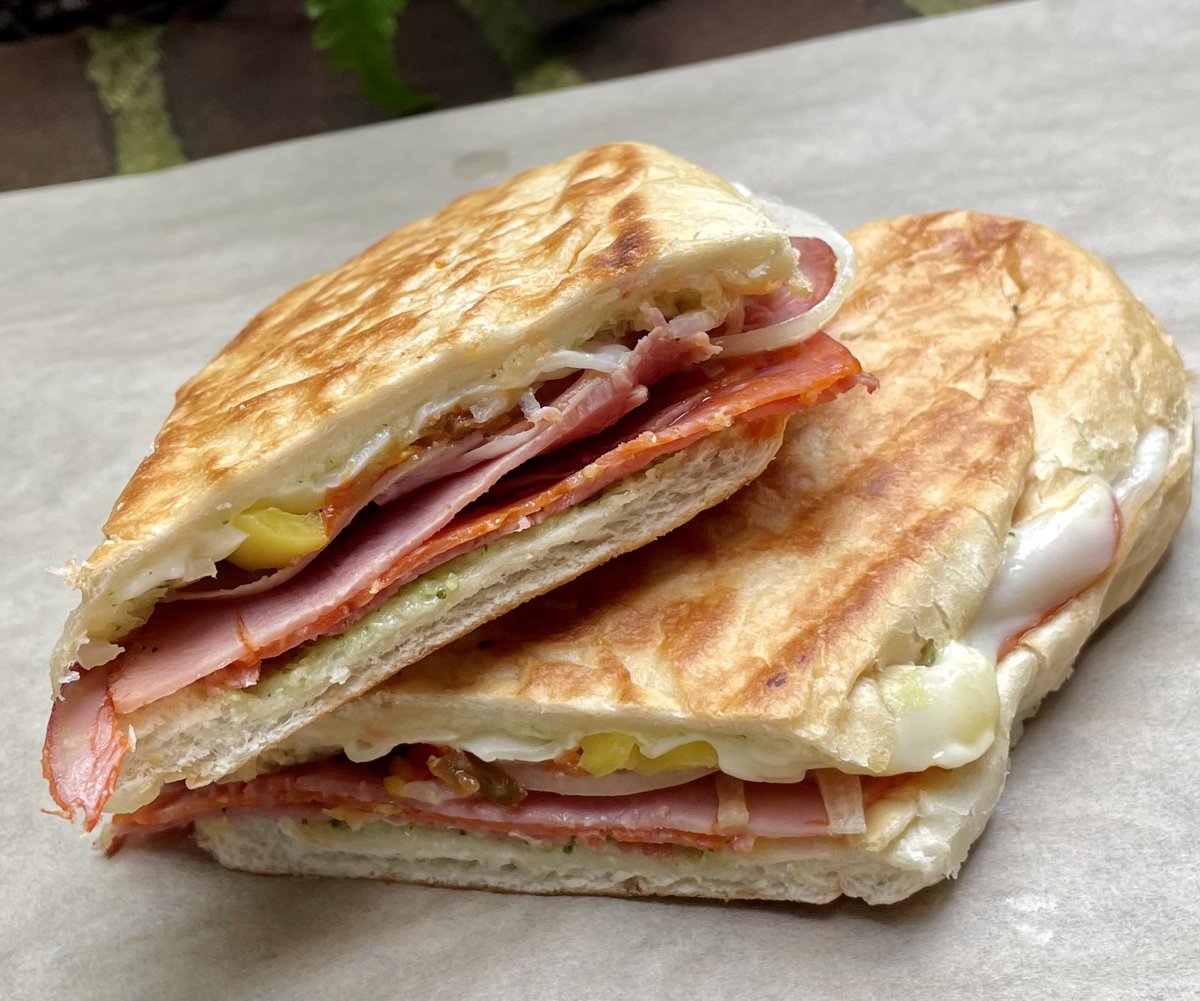 Today’s Special - Italian Panini- Boar’s Head ham, pepperoni, cappy, Volpi salami, provolone, onions, banana peppers, cherry pepper relish, &amp; basil pesto Mayo #knuckies