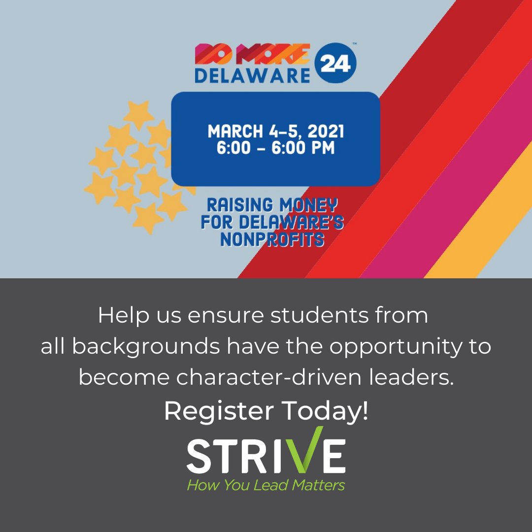 howuleadmatters's tweet photo. Register today for Strive's #DoMore24DE campaign to ensure students from all backgrounds have the opportunity to become character-driven leaders.

Looking for more ways to help? For every retweet Strive gets $1. Only retweets until 9am on Thursday, March 4th will count! https://t.co/rPVHNAghaN