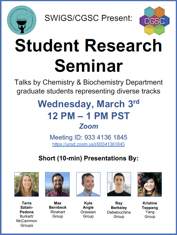 ucsdswigs's tweet photo. Please join us for the upcoming @UCSDChemBiochem  #StudentResearchSeminar ft. @Terrasztain from the @MikeBurkartUCSD Lab, Max Bernbeck from the @RinehartGroup, Kyle Angle from the @VGrassian Lab, @ray_berkeley from the @GaliaLab, and Kristine Teppang from the Yang Lab! https://t.co/DlbM9HmnP4