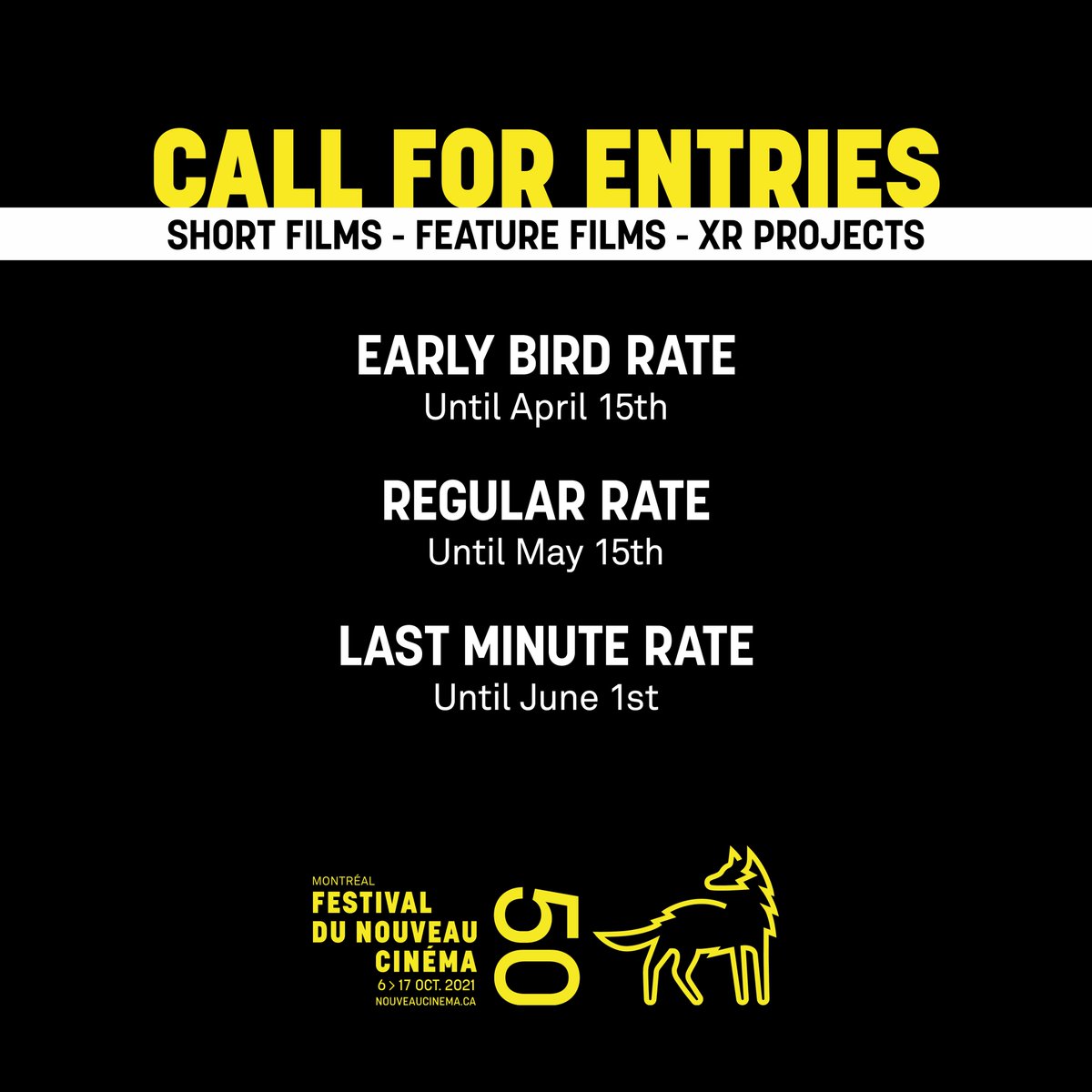 nouveaucinema's tweet photo. #FNC2021 CALL FOR ENTRIES
Join the program of our 50th edition which will take place in-theatre and online from October 6 to 17, 2021! Submit your work on @FilmFreeway before June 1. Lower rates until April 15!

DETAILS EN→ https://t.co/AUkhTC9ido
#filmfestival #cinema #XR https://t.co/bHuigS2UdI