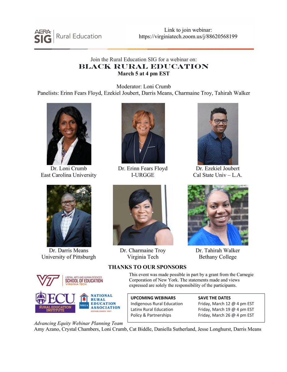 DrCharmaineTroy's tweet image. Looking forward to discussing the experiences of #blackfirstgen rural students this Friday at 4:00 pm EST with an amazing group of panelists! Link to join the webinar is located on the flyer. #AERARuralEducationSIG #BlackRuralEducation