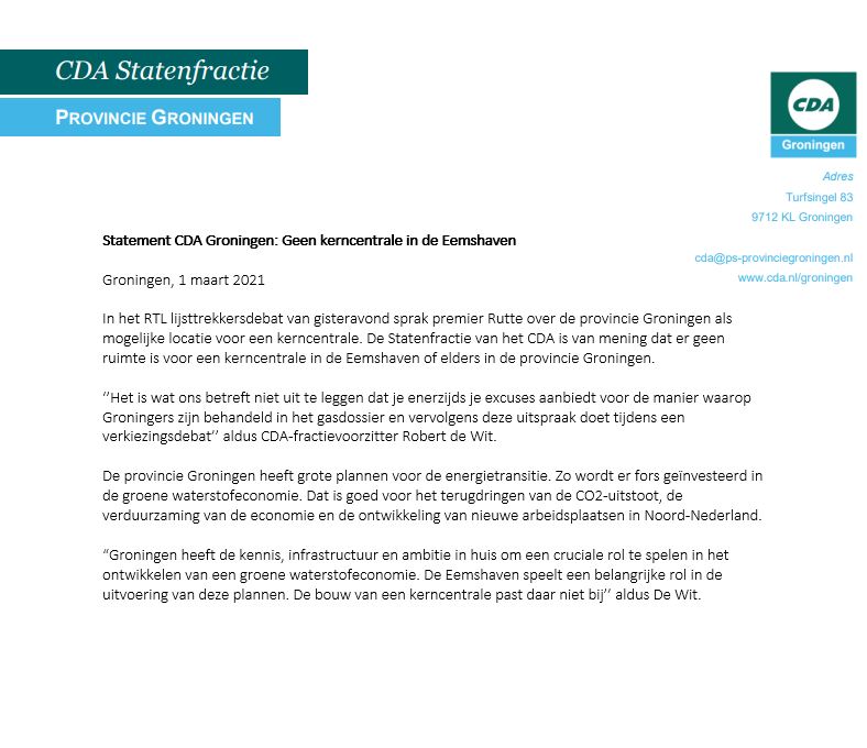 Statement Statenfractie CDA Groningen met betrekking tot de uitspraak van premier Rutte om een kerncentrale te bouwen in Groningen ⬇
