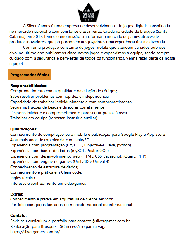 alicemonstrinho's tweet photo. [VAGA] Programador SÊNIOR - Vem trabalhar comigo na @silvergamesbr :D Se possui conhecimento em engines, produção de jogos e anos de experiência na área, vamos adorar ter você na equipe! Manda portfolio e CV pra contato@silvergames.com.br - PRESENCIAL em Brusque - SC https://t.co/bb6Itzzbzw