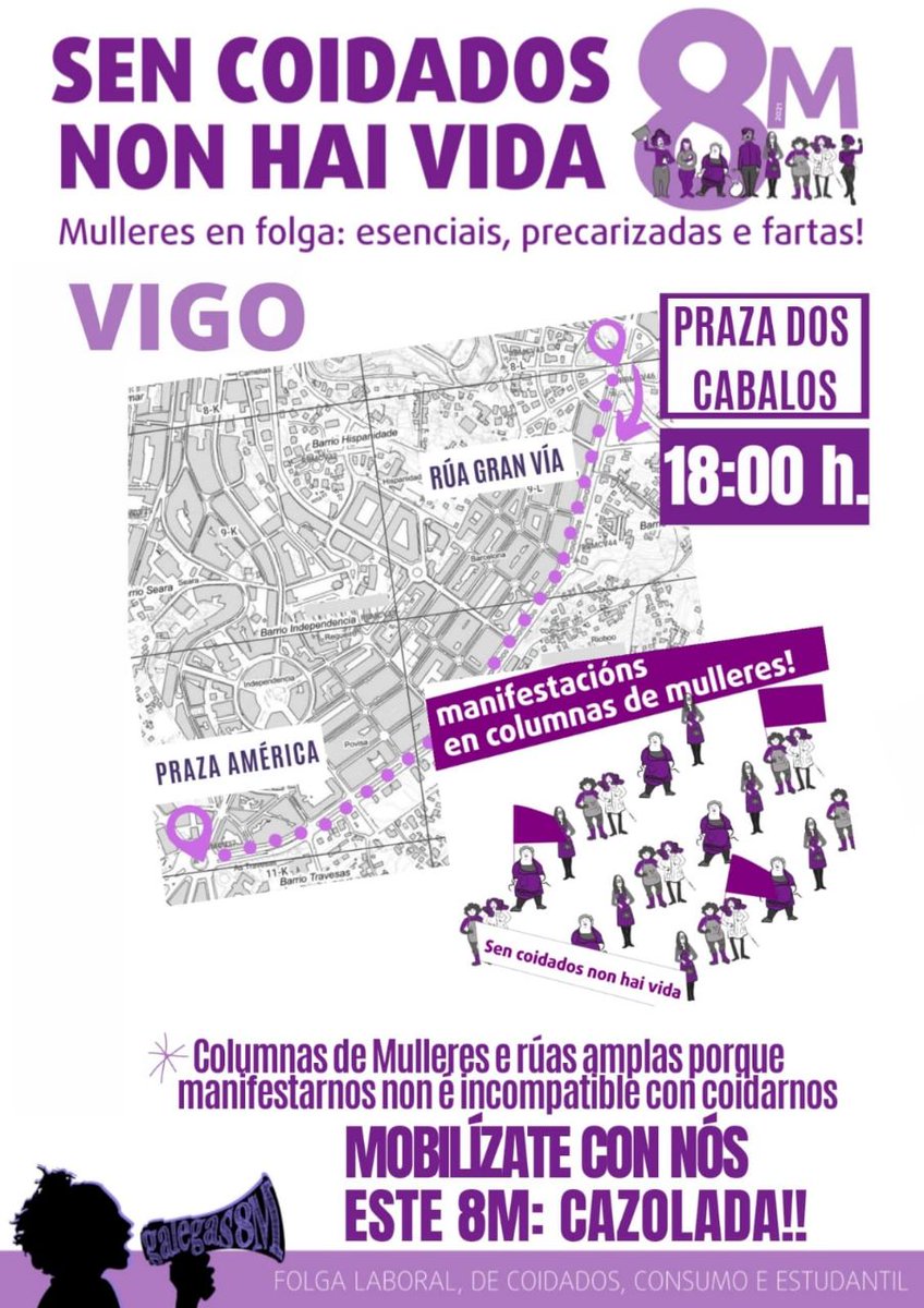 Este #8M volveremos a estar co feminismo galego nas rúas e apoiando a folga de 24h.

A loita contra o sistema capitalista e patriarcal é máis necesaria que nunca. 

Sen coidados non hai vida!