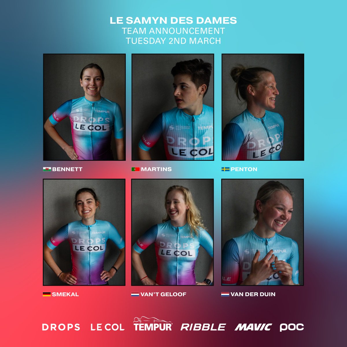 DropsCycling's tweet photo. We're all set for @GPSamyn tomorrow.

Our lineup is the same as that appeared in Omloop Het Nieuwsblad at the weekend. 

🏴󠁧󠁢󠁷󠁬󠁳󠁿 @lizzybennett99
🇵🇹 @tatamartins99
🇸🇪 @1SaraPenton
🇩🇪 @FinjaSmekal
🇳🇱 @MGeloof
🇳🇱 Maike van der Duin https://t.co/k02gK0GREI