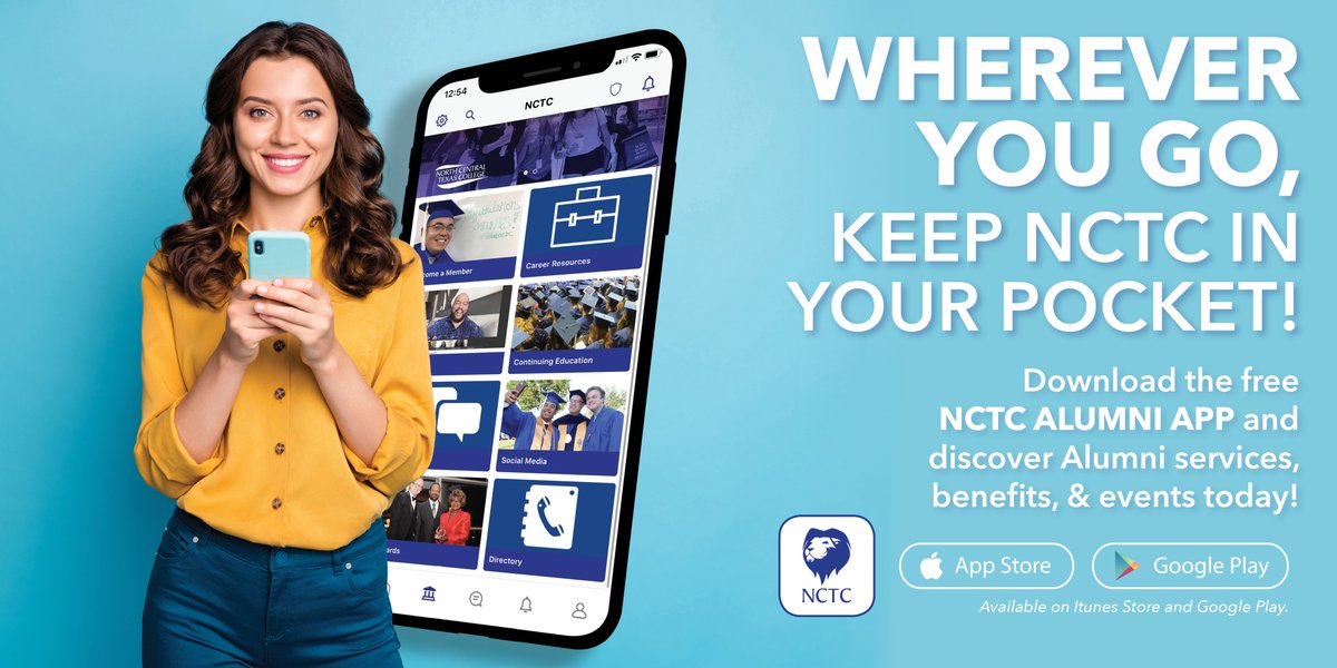 nctcEXstudents's tweet photo. Stay in the know with the NCTC Alumni Association mobile app 📲 
Download the FREE NCTC Alumni App and access your alumni benefits, services, and events Today! Available for download on your Apple or Android devices.

#alumni #NCTC #app https://t.co/4tIhmc6ypM