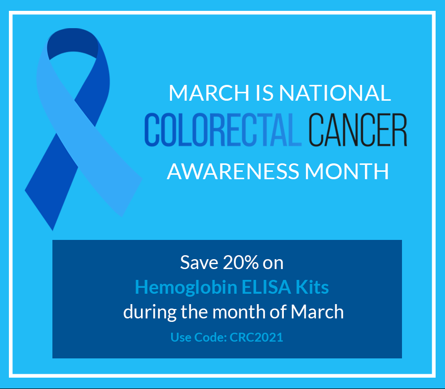 ALPCO's tweet photo. March is #ColorectalCancerAwarenessMonth! Take 20% off our Hemoglobin ELISA kit this month only. Use promo code CRC2021 when you order. Visit https://t.co/2ADsuwUSKV for details. #BiomarkerResearch #ALPCO https://t.co/XTl1pm3bzb