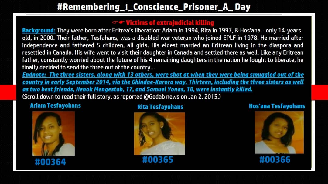 RemEPOC's tweet photo. ▶️Remembering 3 sisters - Rita, Ariam &amp; Hosana, daughters of a war-disabled veteran #EPLF fighter, who were extrajudicially killed after getting caught trying to flee from z nation their father helped liberate..👇

#WhereAreTheyEritrea?  #WhereAreThey? https://t.co/3rg5txeL5s