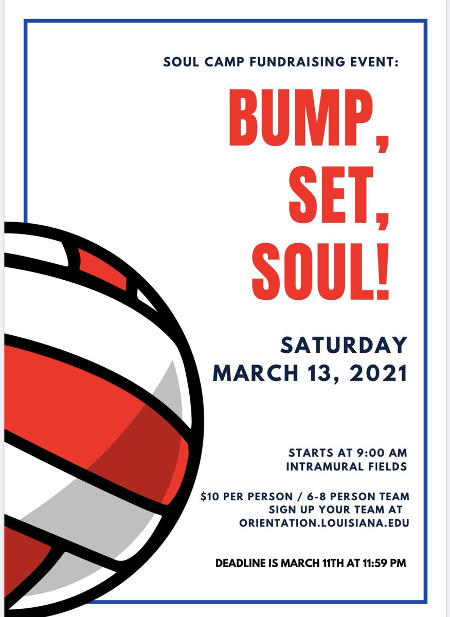 soulcampul's tweet photo. Come support SOUL Camp in our annual Volleyball Tournament March 13th at the Intramural Fields!! 🏐 https://t.co/ARDYlbPEag