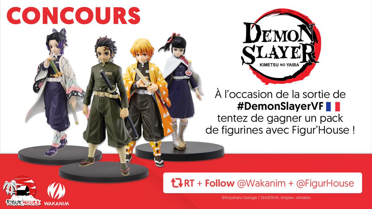 [🎁 CONCOURS DEMON SLAYER 🎁] Pour fêter la sortie de #DemonSlayerVF sur Wakanim tentez de gagner des figurines avec @FigurHouse ! 

🙌 Pour participer : 
RT + Follow <a href="/Wakanim/">Wakanim</a> @FigurHouse 

☘️ Tirage au sort le 09/03 ☘️