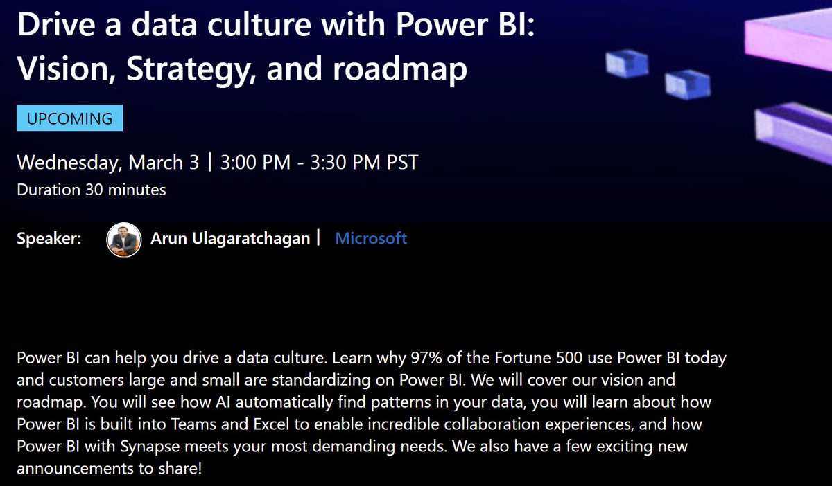 Join <a href="/arunulag/">Arun Ulag</a>'s to learn about driving a #datacutlure with #PowerBI at #MSIgnite #Microsoft  <a href="/JustynaLucznik/">Justyna Lucznik</a> and I are doing demos that showcase the capabilities in action. Watch at the link below on Wednesday March 3rd @ 3:00PM PST  myignite.microsoft.com/sessions/9be45…
