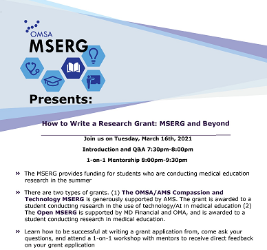 OMSAofficial's tweet photo. Are you applying to #MSERG this year? Come to our workshop on March 16 @ 7:30 pm! We'll answer your questions on MSERG and provide you with a 1 on 1 session on grant writing. Signup here: https://t.co/N44tcjLYSh https://t.co/AxjcPL2P1Z