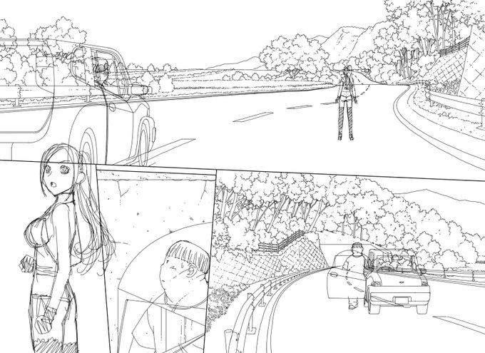 またこんな時間におやすみなさい😴なのです😅
気が付けばもう3月になってたのですね〜また一つ歳がレベルアップしちゃうのはナイショ🤫

見開き単位で作業してた連載時の下描き…8
台詞フキダシ擬音は消しています
背景も車も架空のものです(見りゃ分かるって👋この手ツッコミに見えてしょーがない) 