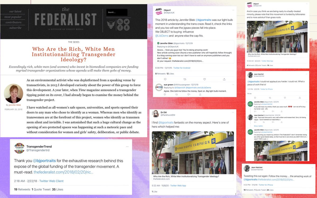 The GC movement now widely believes that there is suspicious funding behind the trans movement. Really influential in this is Jennifer Bilek, who wrote the very popular Federalist piece in 2018 and at this point has just done a ton of the “research” GC people cite.