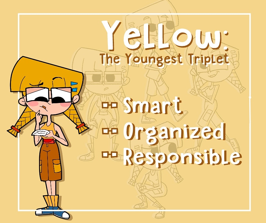 Yellow may seem distracted, but she still wants to say hello! She is our youngest triplet, but is also the smartest, most organized and definitely the most responsible. She is the one you go to, to ensure things get done!
#animation #thehappiestplace #studentfilm #characterdesign