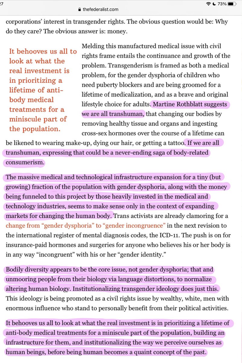 The “incisive investigations” that GC people are so impressed by argue that trans people are a psyop to ready us to put Google in our heads and feed our bodies to the machine. This is Bilek’s whole thing. It’s in the Federalist piece, it’s in everything.