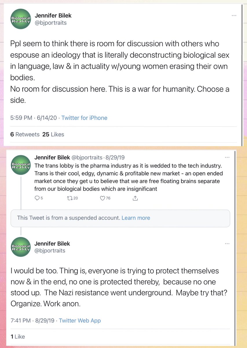 Today, Bilek almost entirely focused on trans issues. She portrays them as an immediate existential threat. She appears to have retained the militancy, transferred from the actual ecological threat onto trans people.