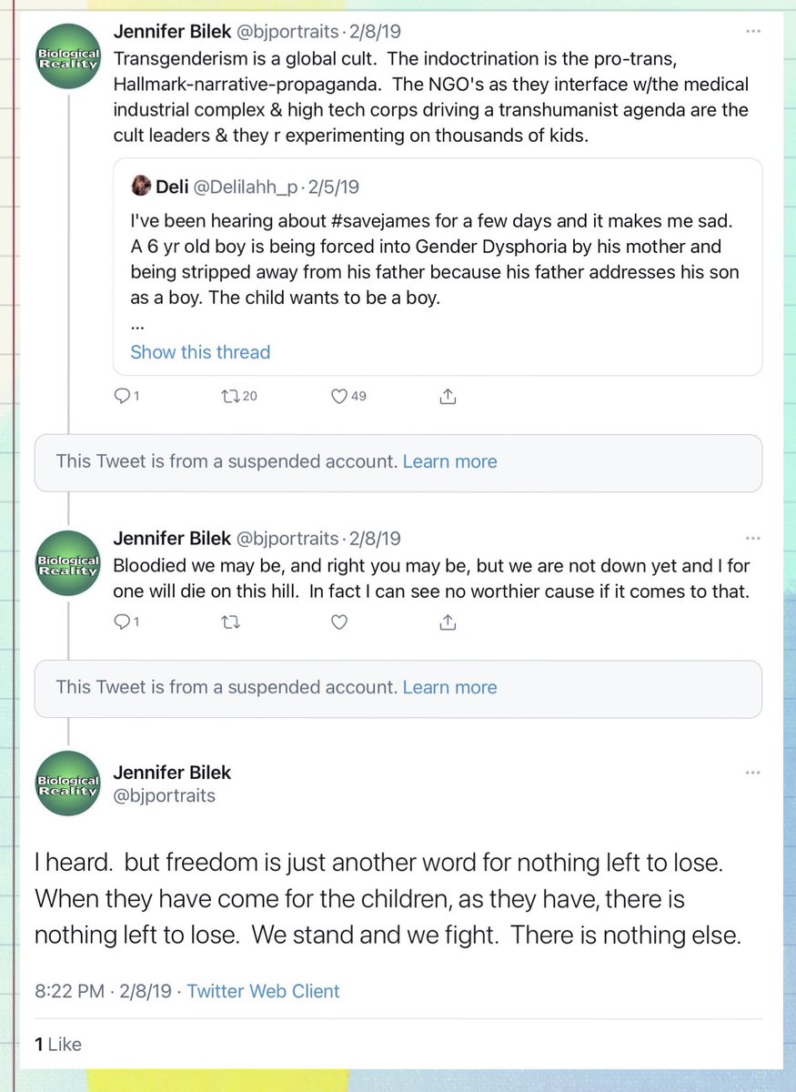 Today, Bilek almost entirely focused on trans issues. She portrays them as an immediate existential threat. She appears to have retained the militancy, transferred from the actual ecological threat onto trans people.