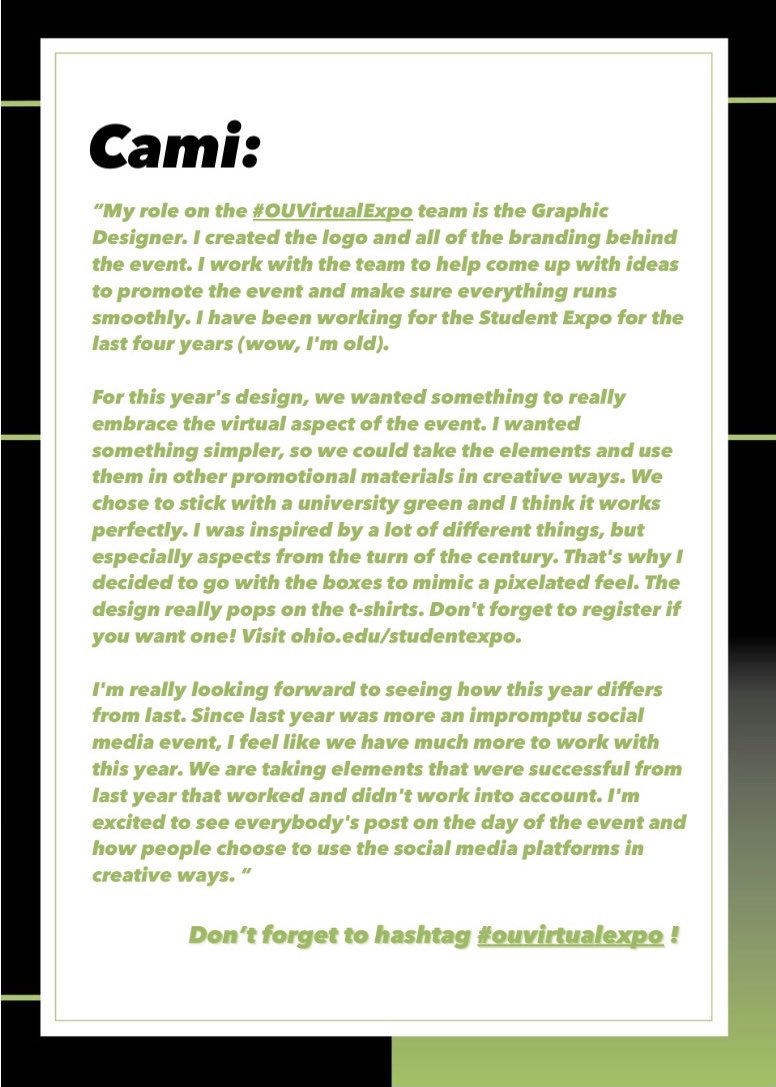 Our first #OUVirtualExpo team member spotlight is our talented graphic designer Cami Post. 

Cami designs all <a href="/BobcatsDiscover/">BobcatsDiscover</a> promo materials and this was her fourth time designing the Expo logo! 

Learn more about the inspiration for this year’s design below.