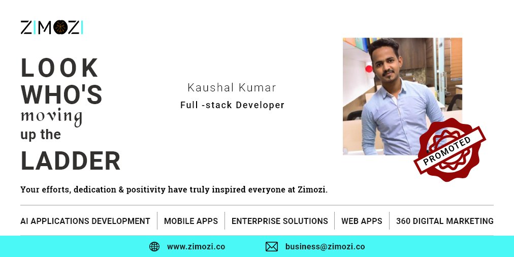 SolutionsZimozi's tweet photo. Team Zimozi heartly congratulates Mr. Kaushal Kumar to be elevated as Full-stack Developer. We wish him for his achievement and appreciate his hard works. 
. 
. 
. 

#zimozi #PROMOTION #moretocome #hardworkpaysoff #zimozians #developer #connectingthedots #appreciation #success https://t.co/Qj0eCqvSv9