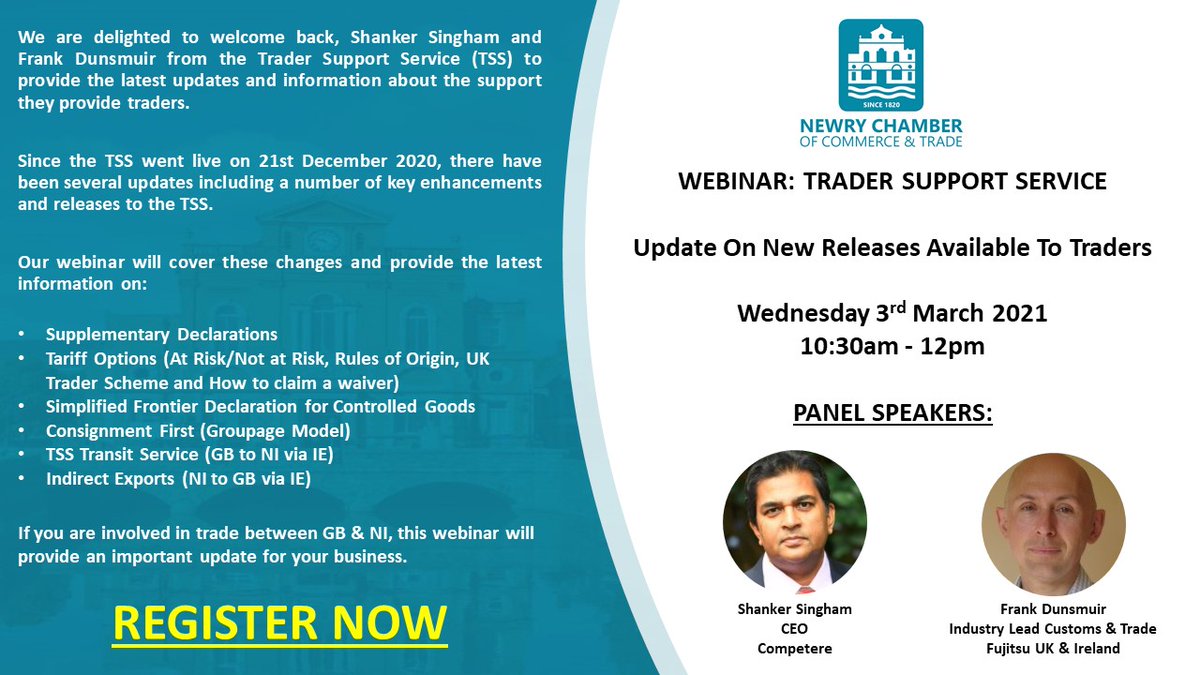 NewryChamber's tweet photo. Delighted to welcome back, Shanker Singham and Frank Dunsmuir, Trader Support Service (TSS) to provide the latest updates and info about the support they provide traders.
𝗥𝗘𝗚𝗜𝗦𝗧𝗘𝗥 𝗡𝗢𝗪:
https://t.co/dhsU2UbGm8
#Webinar #TraderSupportService #Newry #NI https://t.co/lGhmlzuTJc