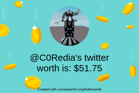 C0Redia's tweet photo. My Twitter worth is: $51.75

Find yours with https://t.co/2asnazZfZK

⠀ https://t.co/sTtv3JVZUf
