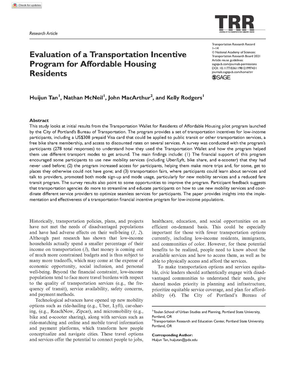 New Article about <a href="/PBOTinfo/">Portland Bureau of Transportation</a> Wallet program: "Evaluation of a Transportation Incentive Program for Affordable Housing Residents" <a href="/huijun_tan/">Huijun Tan</a> <a href="/NWurban/">Nathan McNeil 🚲 mas.to/@mcneil</a> @portlandkelly journals.sagepub.com/doi/10.1177/03… Thanks to <a href="/RoshinKurian/">Roshin Kurian</a>
