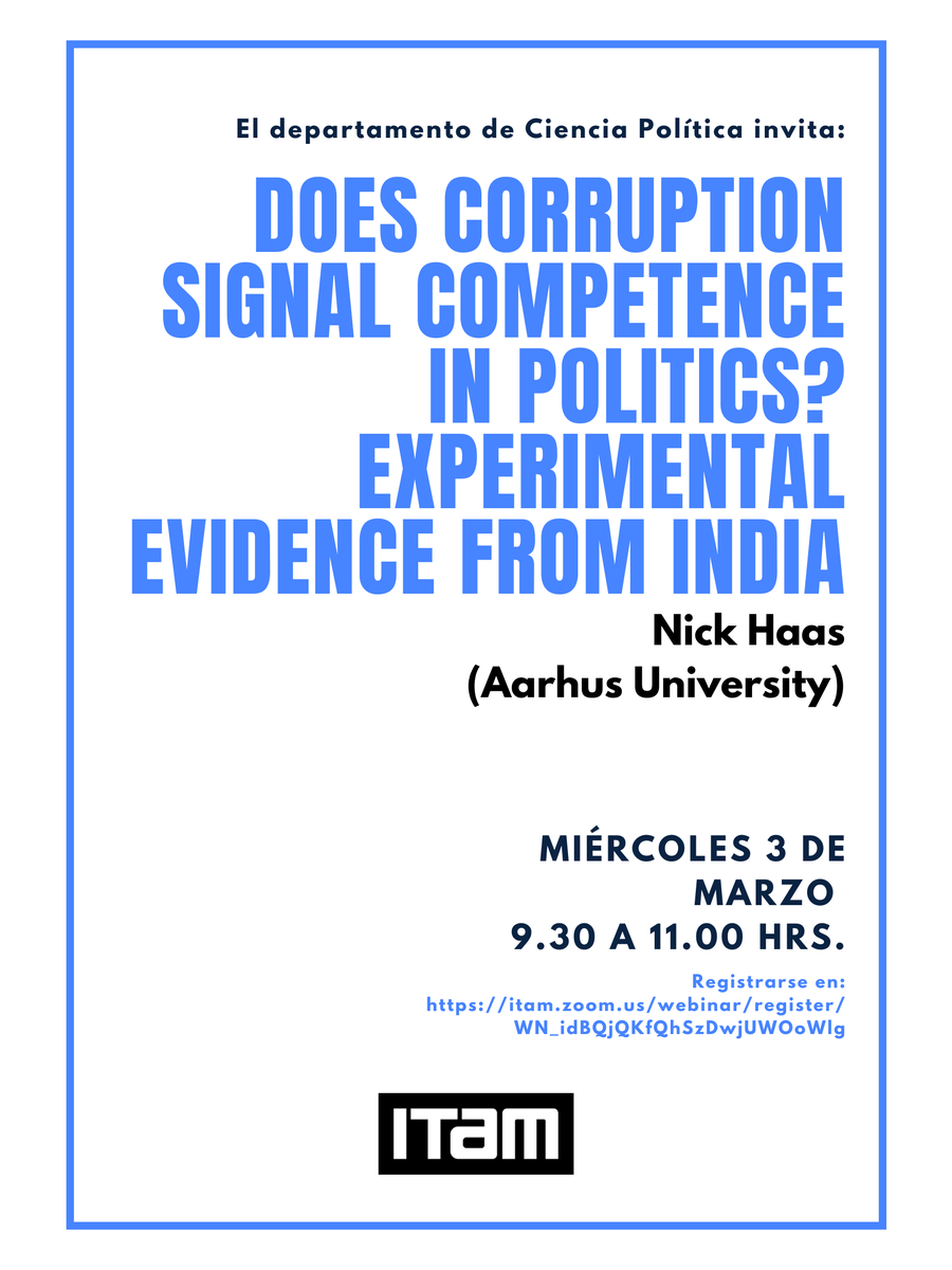 ¿Los políticos pueden beneficiarse de la percepción de que "roban pero hacen"? Este miércoles a las 9:30am tendremos a Nick Haas (Aarhus) respondiendo esa pregunta con datos de India. Como siempre, la charla será abierta y gratuita. ¡Los esperamos!