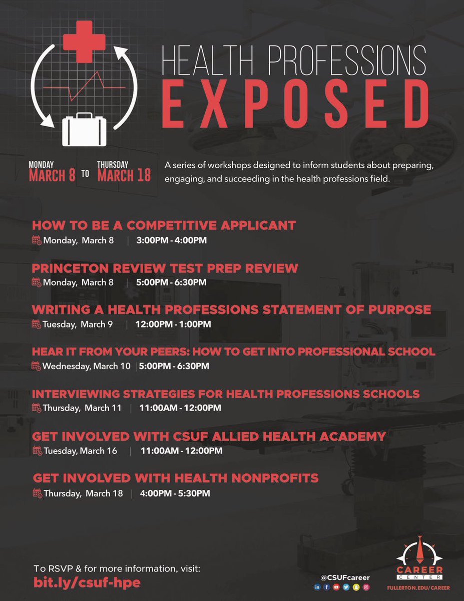 Health Professions Exposed is starting in one week! Be sure to visit bit.ly/csuf-hpe to see the list of workshops that'll help you in your health profession career! 

#titanswork #csuf