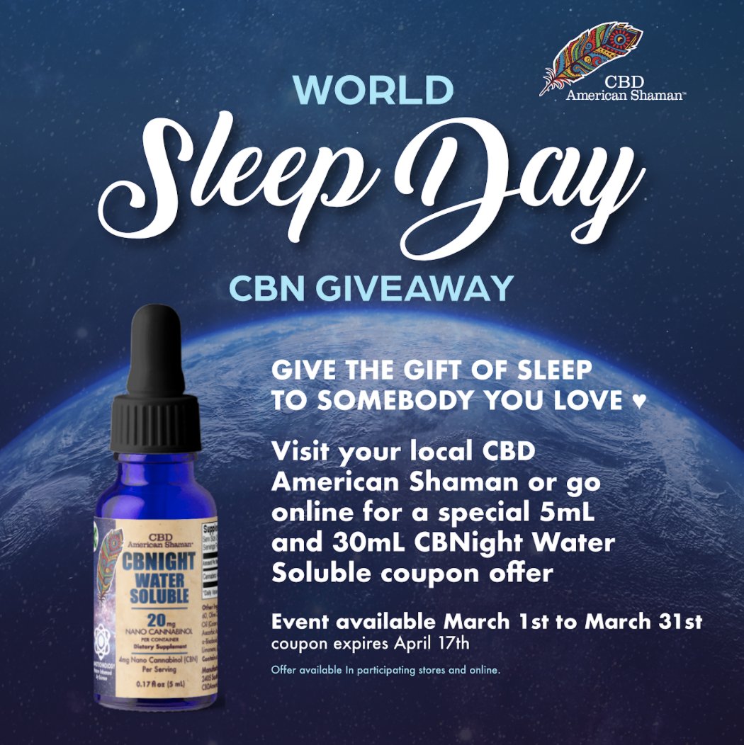 CBDAmericanSh's tweet photo. To honor #WorldSleepDay2021, all online orders during the month of March will include a coupon to redeem a FREE 5mL bottle of #CBNight which promotes calmness & relaxation for a better night’s rest.
Offer available online or in participating stores. https://t.co/mbnzZ3jEhs