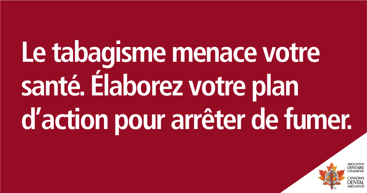 CdnDentalAssoc's tweet photo. Le tabagisme et le #vapotage nuisent à la santé. Discutez de #tabac et de #nicotine avec votre dentiste. Il vous aidera à #cesserdefumer, pour réduire les risques à vos dents, vos gencives et votre santé. https://t.co/ibtp0FLJrc https://t.co/7khNAPc9J1