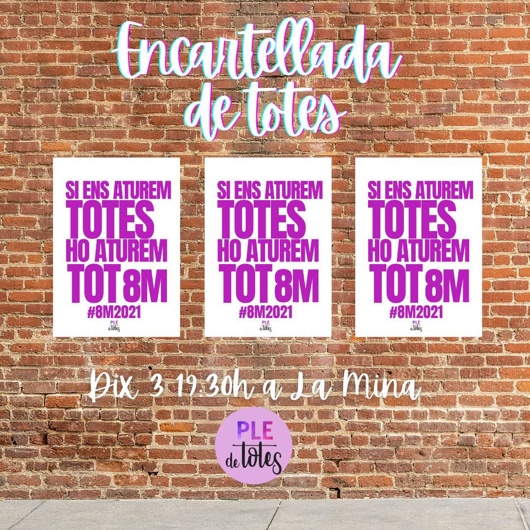 Dimecres a les 19:30h !!!
Ja tenim un peu al 8M i sortirem a omplir els carrers de cartells convocant a la vaga del #8M Sumeu-vos’hi!!
#siensaturemtoteshoaturemtot #jonoemquedoacasa #8març #vagadetotes #vagafeminista #pledetotes  #masnou #encartellada #encartelladapopular
