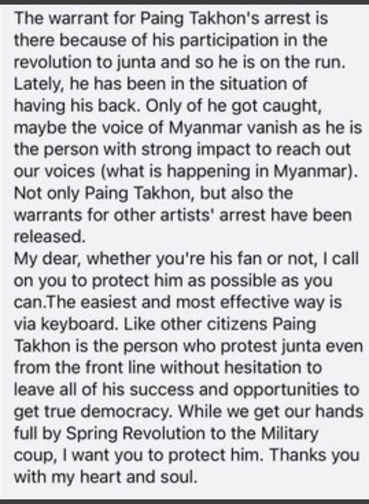 We kindly request to all Golden kalicos and Intel Kalicos, help our idol,Paing  as much as you can. He don't deserve arresting by Military!!

#WhatsHappeningInMyanmar 
#intel_takhon
