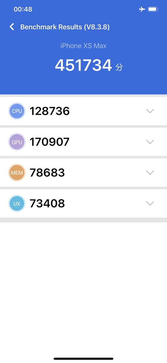 bogatiryovivan's tweet photo. Спустя 2.5 года Xs Max все еще набирает 450000 в Antutu и работает очень быстро как в простых задачах, так и в тяжелых играх и приложениях. Очень крутой A12 получился у Apple однако. https://t.co/SwGvTCJpgr