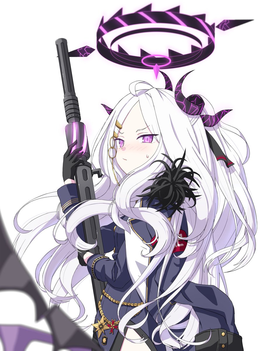 hina (blue archive) 1girl solo weapon horns long hair gun machine gun  illustration images