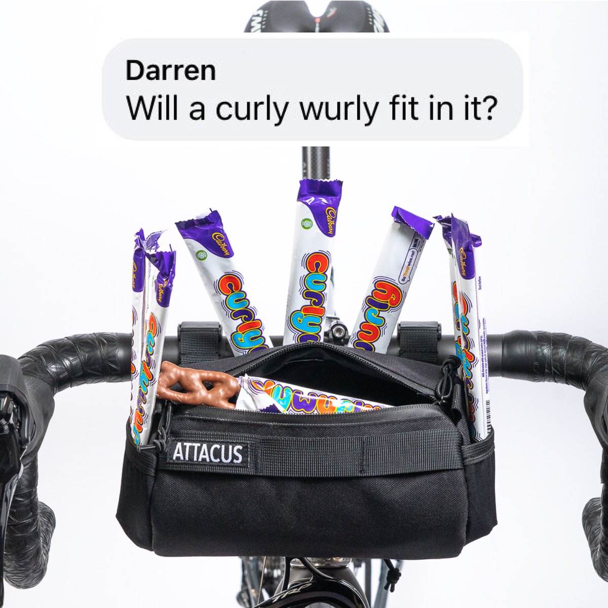AttacusCycling's tweet photo. BAR BAG GIVEAWAY!

We recently got asked by Facebook follower Darren if a Curly Wurly would fit inside our new bar bag… So we thought we’d find out not only if it was possible, but just how many you could fit. 1/5 https://t.co/zsWkenmRHI
