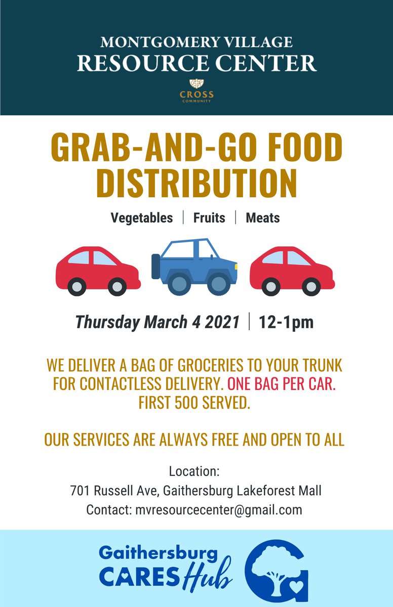 AAHI_Info's tweet photo. GRAB &amp; GO Food Distribution: THURSDAY 3/4 from 12pm - 1pm at Lakeforest Mall in Gaithersburg, MD, organized by Montgomery Village Resource Center and in partnership with Gaithersburg Cares Hub. Please see the flyer for more information! @CrossCommMoCo https://t.co/mZpjTFFPmv