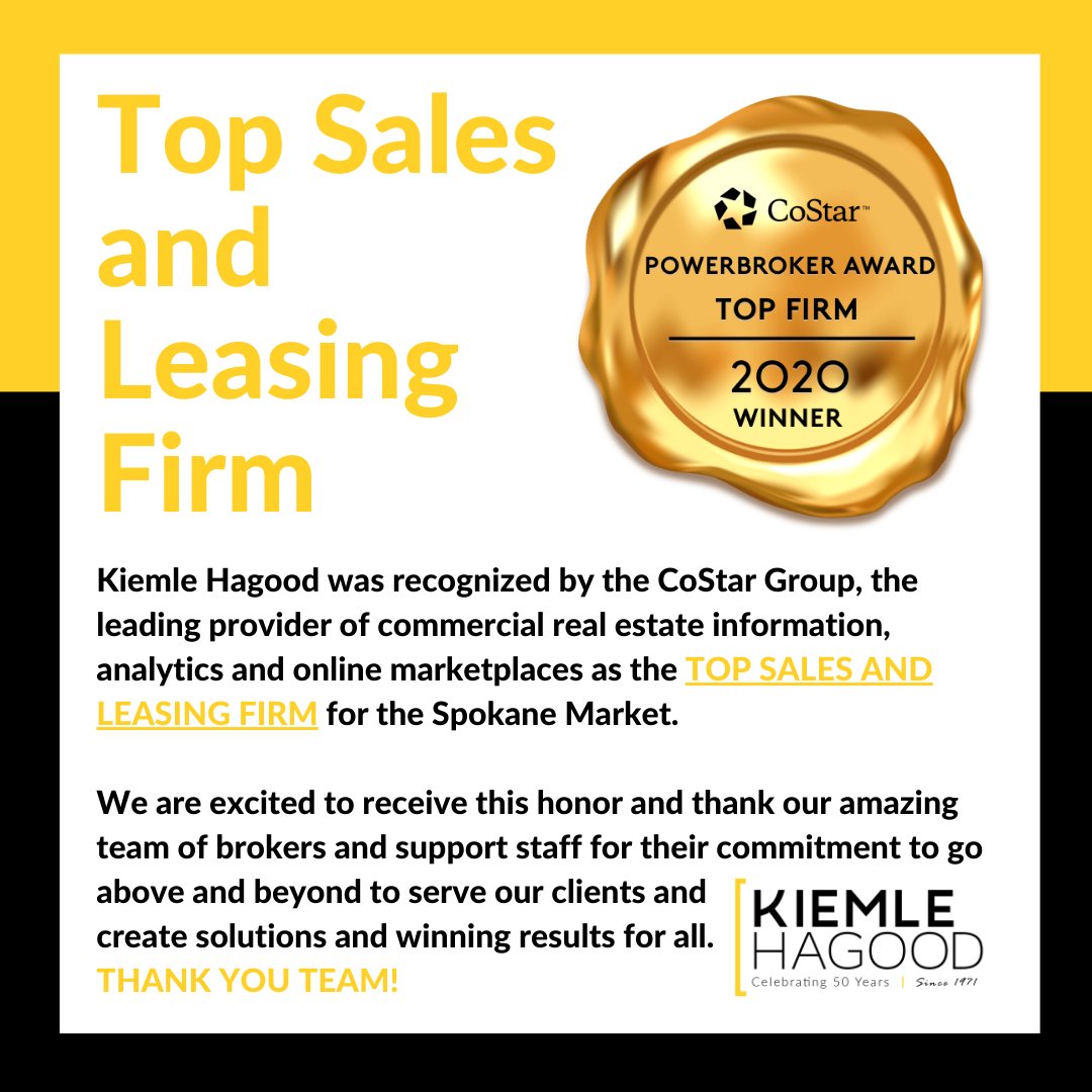 Kiemle Hagood Receives Top Firm Award from the CoStar Group for 2020!  To learn how we can help you with any commercial real estate needs, visit our website at kiemlehagood.com 
#kiemlehagood #commercialretopaward #spokanewa #coeurdaleneid #kennewickwa #pullmanwa-moscowid