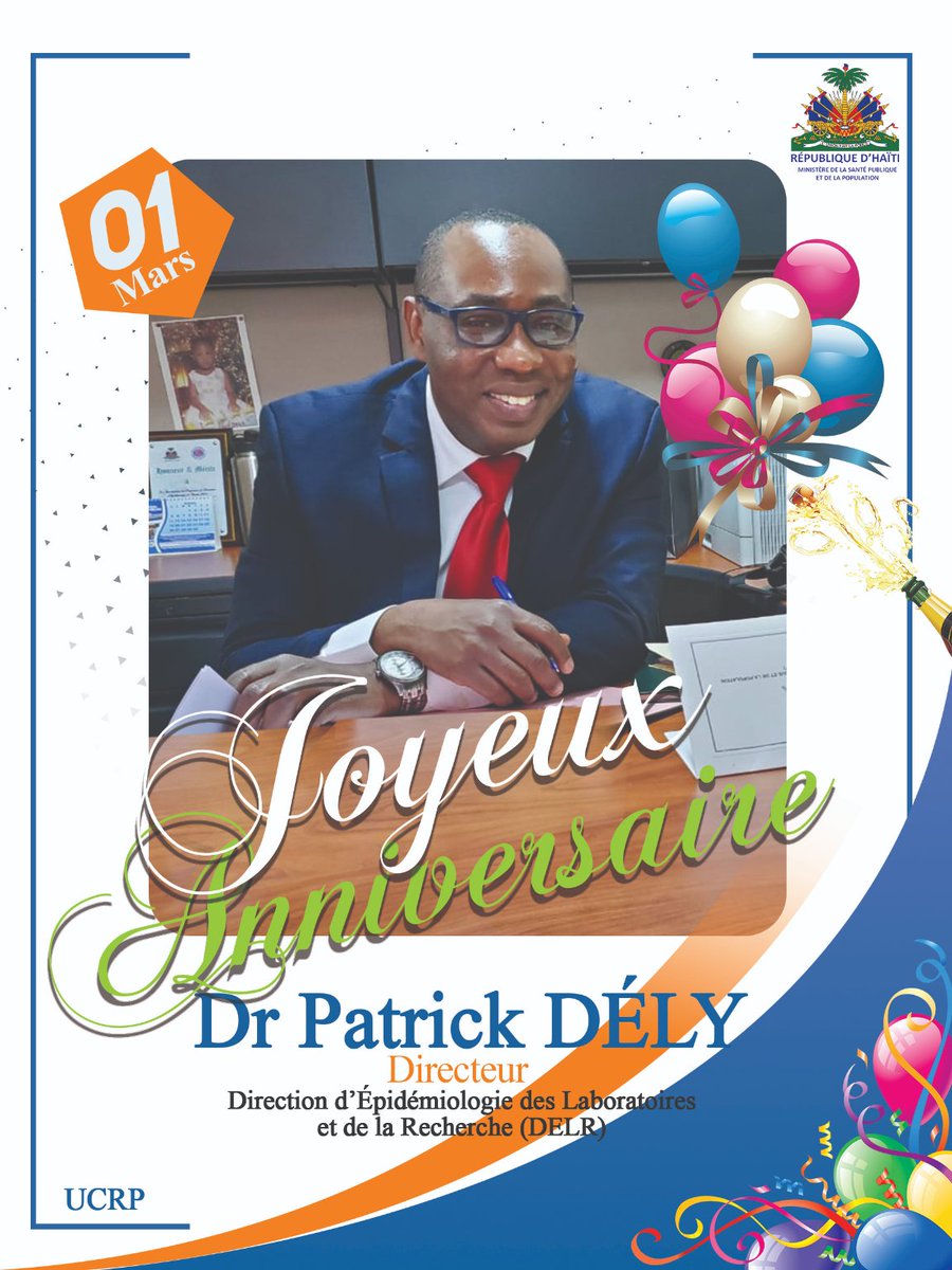 MsppOfficiel's tweet photo. Le Ministère de la Santé Publique et de la Population (#MSPP) souhaite un Joyeux Anniversaire au Dr Patrick DÉLY, Directeur de la Direction d’Épidémiologie des Laboratoires et de la Recherche (DELR).
#MSPPHaiti
#UCRP
#DELR https://t.co/kE40EPZtzs