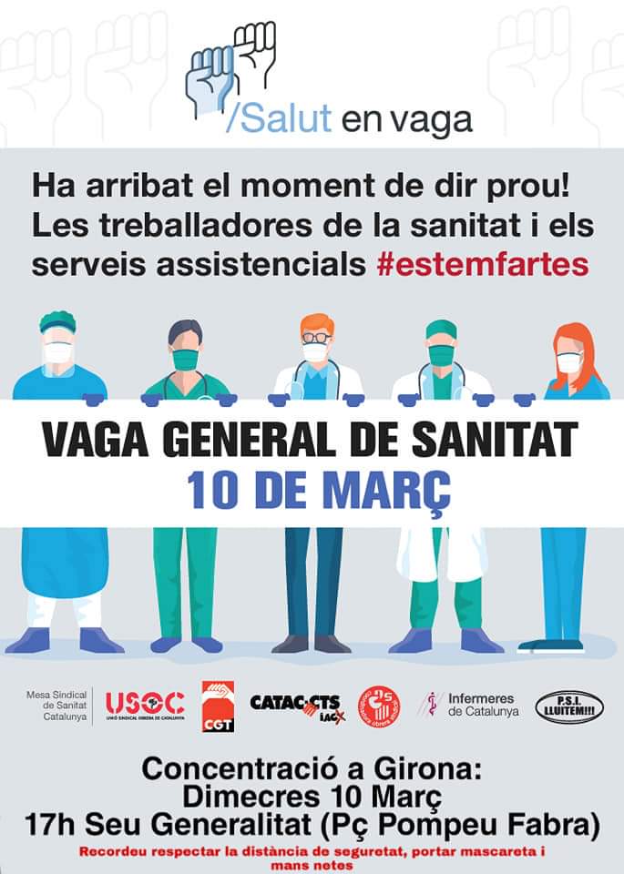 🔴 Els sindicats de la Mesa Sindical de Sanitat convoquem vaga sectorial a Salut el pròxim dimecres 10 de març. 

✊ A #Girona ens trobarem a les 17h a la Seu de la Generalitat!

📲 Per més informació: salutenvaga.cat

#EstemFartes