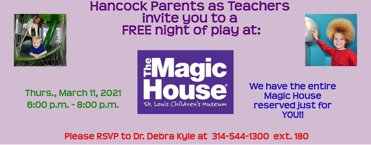 Hancock PAT invites you to join "in-person" for "A Visit to the Magic House," on Thurs., Mar. 11, 2021 from 6-8 pm! The Magic House follows social distancing efforts and CDC safety guidelines. Hancock PAT reserved the entire Magic House for your family!! We hope to see you there!