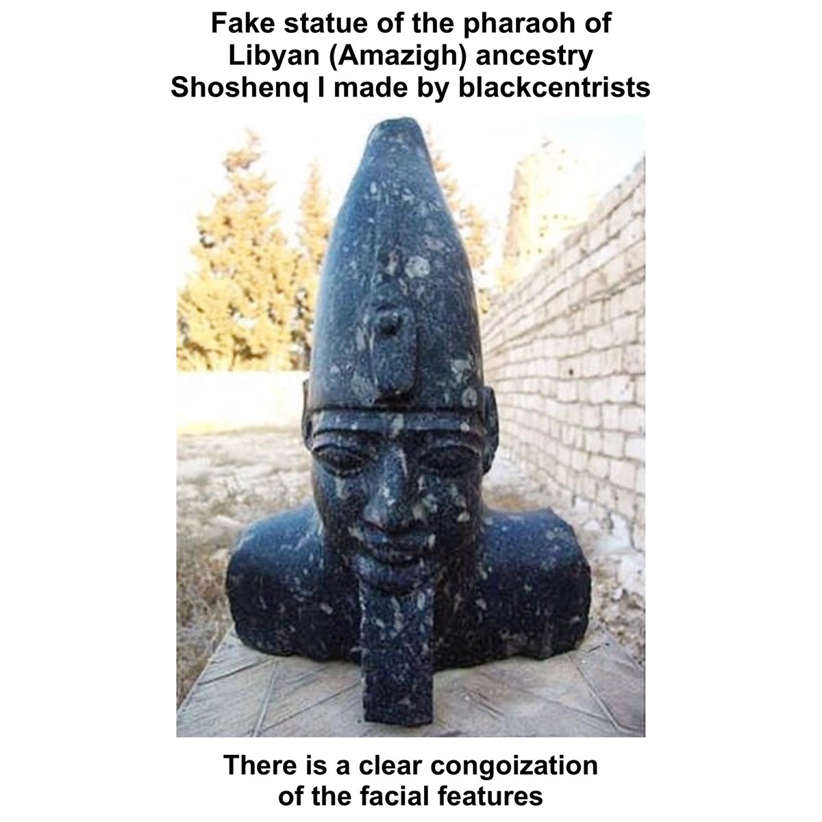 nafalsification's tweet photo. Fake statue of the pharaoh of Libyan (Amazigh) ancestry Shoshenq I made by blackcentrists. 
There is a clear congoization of the features.
#blackwashing #blackcentrism #blackcentrist #noirocentrisme #congocentrism #congocentrisme #congoization #stopblackwashing https://t.co/tCo927JiCT