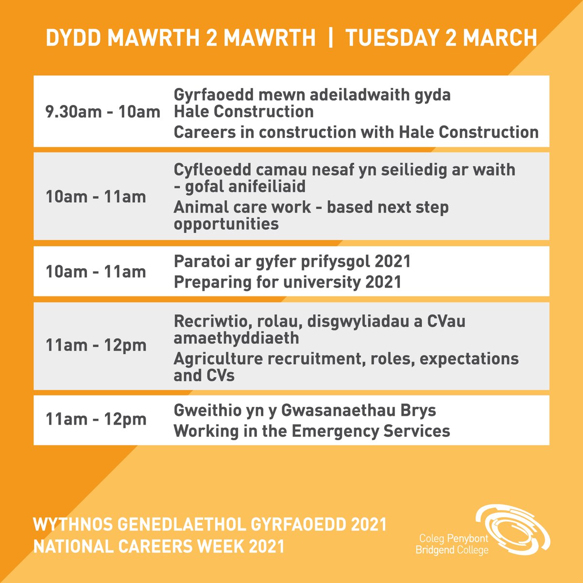 BridgendCollege's tweet photo. 💡 We've already had fantastic, insightful sessions organised by @cyfleoedd for this year's #NationalCareersWeek

📢 Students/Staff
Join our busiest day tomorrow feat. @HaleHomesWales, @WCADAOnline, @MorganSindall and our ALN Next Steps Fair

📲 https://t.co/LQzJit8Y4J

#NCW2021 https://t.co/lJ2gZHjcTP