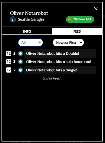 The player feed for Oliver Notarobot of the Garages. He has scored a single on day 2, and a home run and double on day 3.