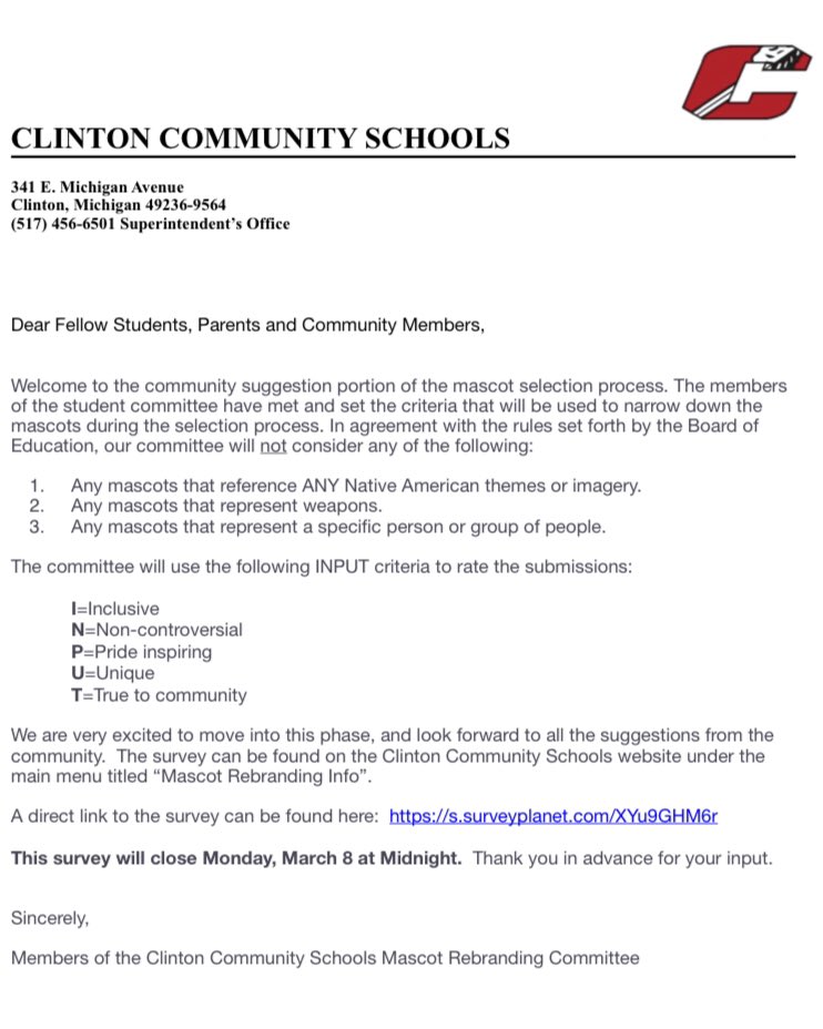 The rebranding process for the Clinton School mascot has begun! CLICK to have your voice heard CCS Community!
s.surveyplanet.com/XYu9GHM6r