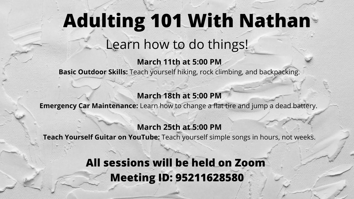 Throughout the month of March, RHC Nathan will be hosting virtual tutorials on how to master various life skills. Stop by and learn a new skill!