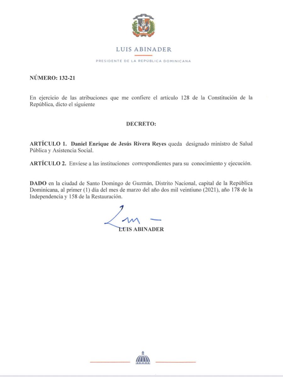 VICTORENVIVO (@victorenvivo) on Twitter photo Mediante Decreto 132-21 el Presidente @LuisAbinader acaba de nombrar al Dr. Daniel Rivera como nuevo Ministro <a href="/SaludPublicaRD/">Salud Pública RD</a> en sustitución del Dr. Plutarco Arias <a href="/plutarcoariasmd/">Plutarco Arias</a> El nuevo Ministro se desempeñaba como Director de la Clínica Unión Médica en Santiago <a href="/union_medica/">Unión Médica</a> Mediante Decreto 132-21 el Presidente @LuisAbinader acaba de nombrar al Dr. Daniel Rivera como nuevo Ministro <a href="/SaludPublicaRD/">Salud Pública RD</a> en sustitución del Dr. Plutarco Arias <a href="/plutarcoariasmd/">Plutarco Arias</a> El nuevo Ministro se desempeñaba como Director de la Clínica Unión Médica en Santiago <a href="/union_medica/">Unión Médica</a>