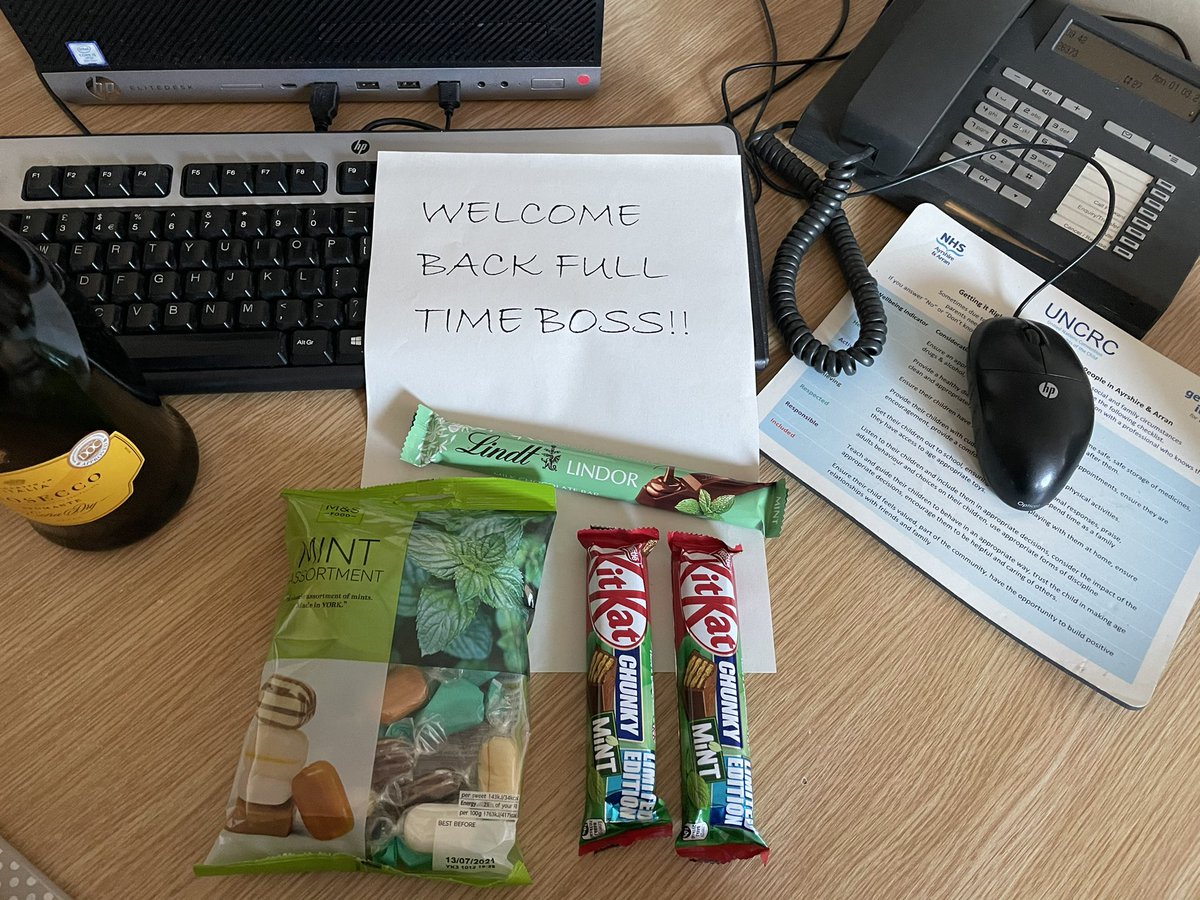 Back to Safeguarding Team full time as of today and came in to this lovely welcome this morning.....bit worried the Prosecco and chocolates are attempts to keep me sweet for whats to come right enough🤣🤣 🤪#theyknowmesowell #fabteam <a href="/NHSaaa/">NHS Ayrshire & Arran</a>