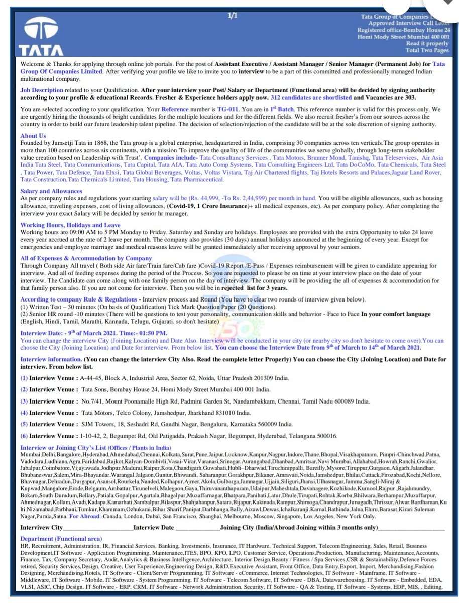 mprasoonmishra's tweet photo. Recently a friend of mine got this fake interview letter as I had seen this earlier on Quora , so I suggest him not to pay.
I would request the @TataCompanies  to take action against these fraudulent as they are demeaning the repo of the company.
@RNTata2000 
@TCS 
#fraud https://t.co/xK5t0SGApx
